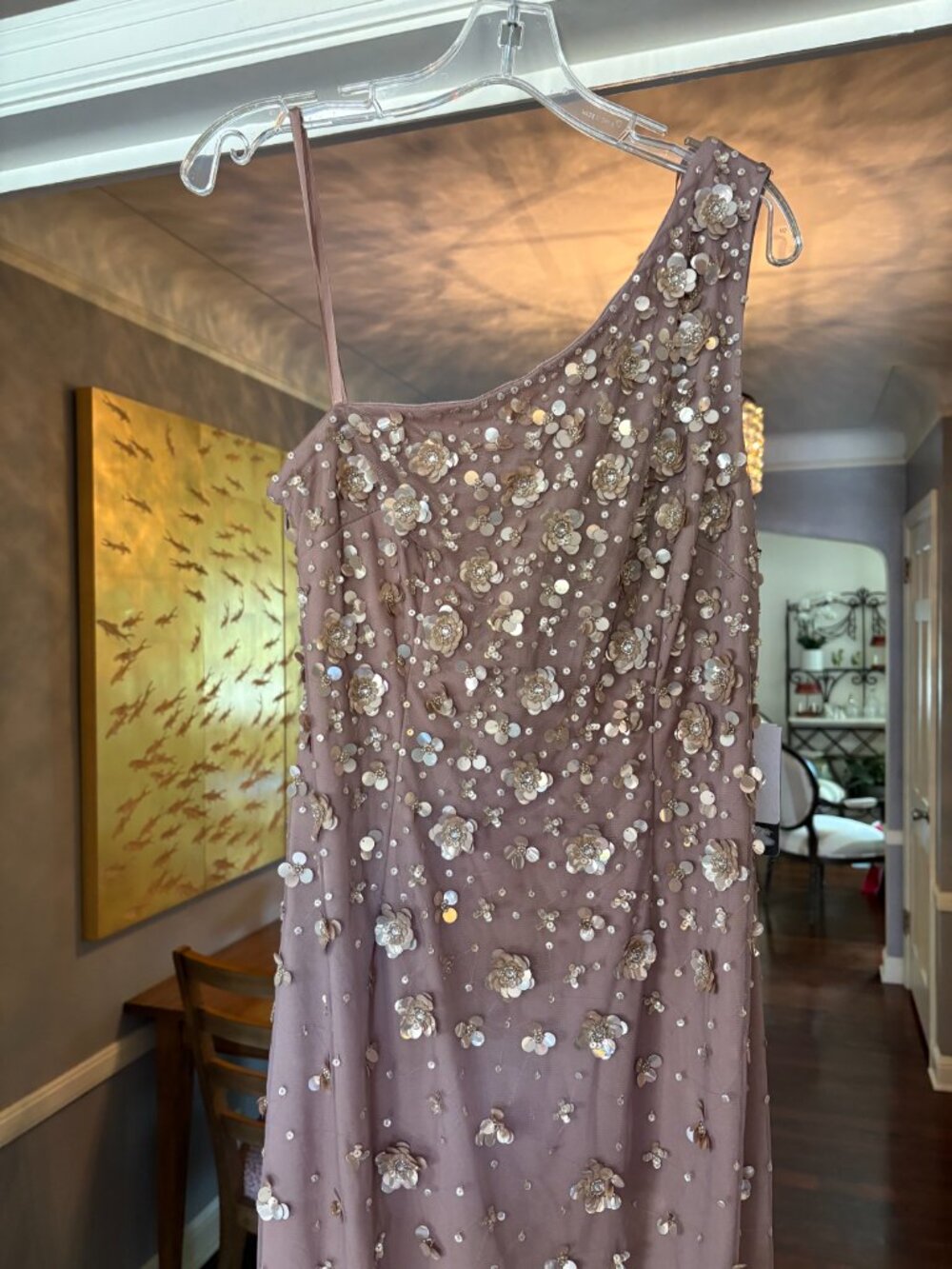 NWT Adrianna Papell Beaded One Shoulder Gown in Stone/Taupe. Size 10 - Picture 6 of 16